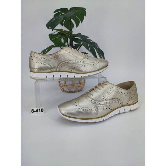 Cole Haan Women's Zerogrand Gold Metallic Leather Wingtip Oxfords Shoes Size 8B - Picture 1 of 9